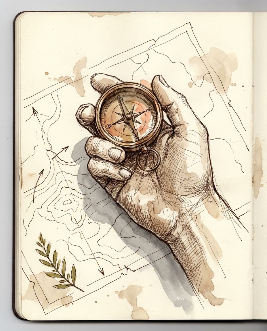 Hands holding a compass over a map with a route marked in red ink