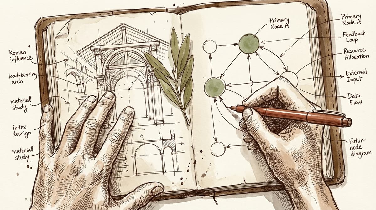 Hands sketching in a notebook with diagrams and annotations