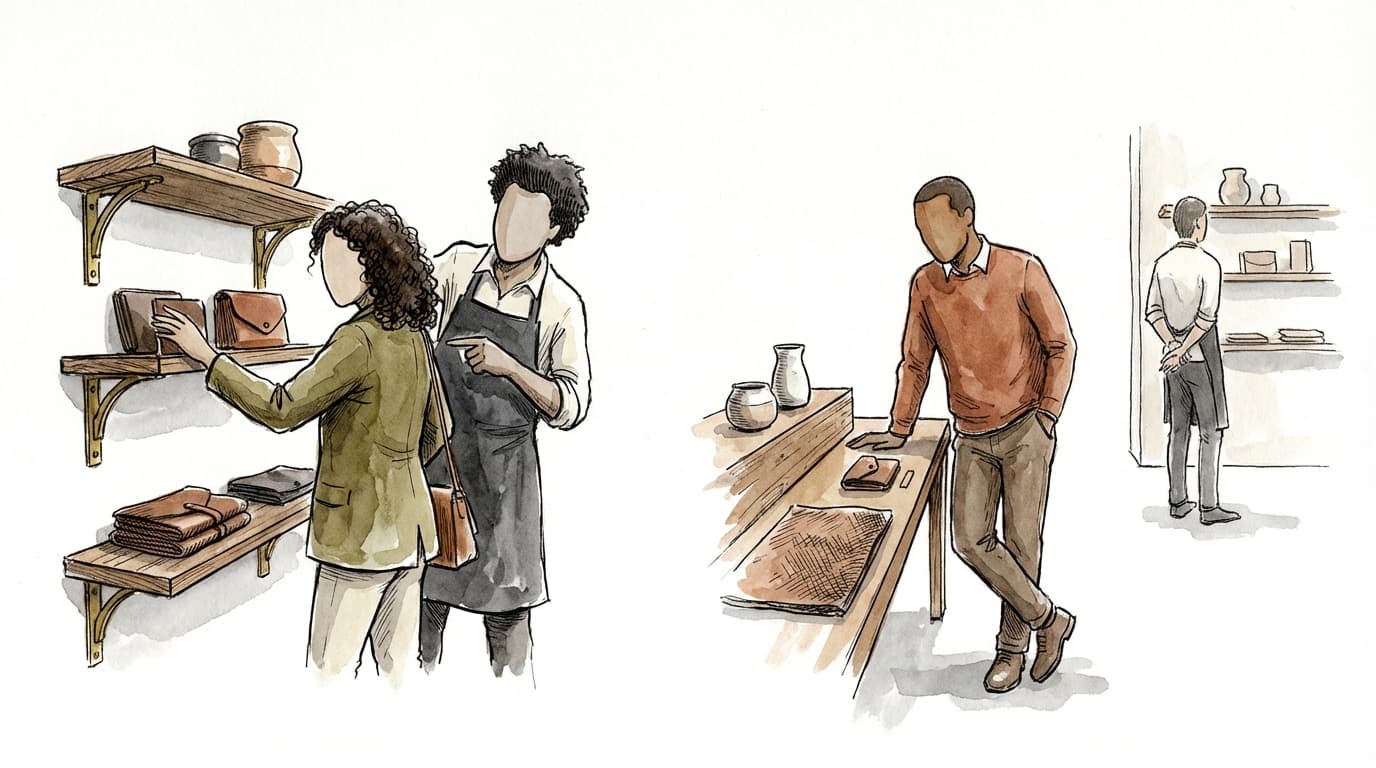 Two side-by-side ink and watercolor scenes of a boutique shop — on the left a salesperson hovers too close to a browsing shopper, on the right a shopper browses freely while the salesperson stands at a comfortable distance