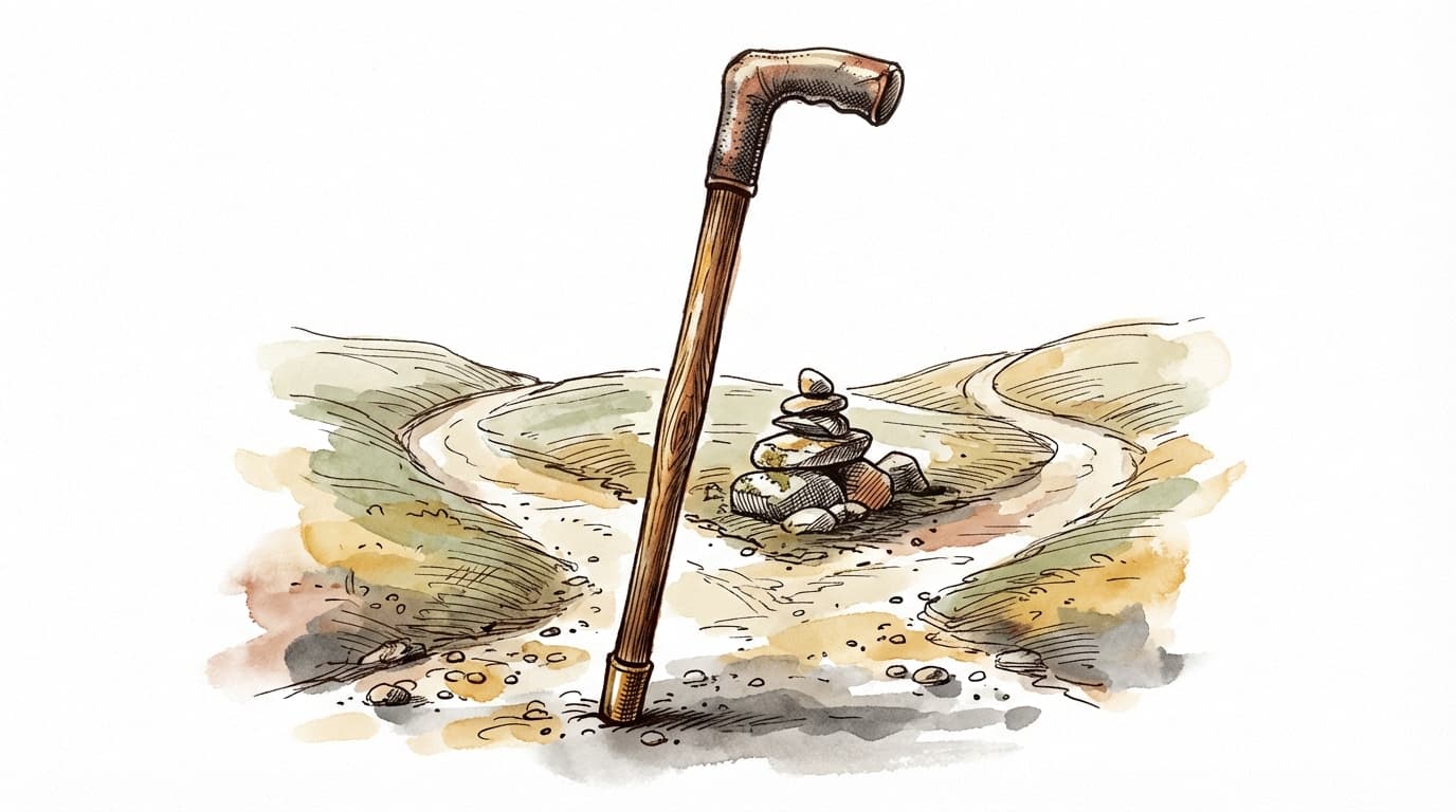 An ink-and-watercolor illustration of a worn wooden walking stick with a leather grip planted upright in the soft ground at the point where a footpath splits into two branches. Both paths curve away and disappear over low rises rendered in olive-sage and amber washes. A small stone cairn sits just past the fork.
