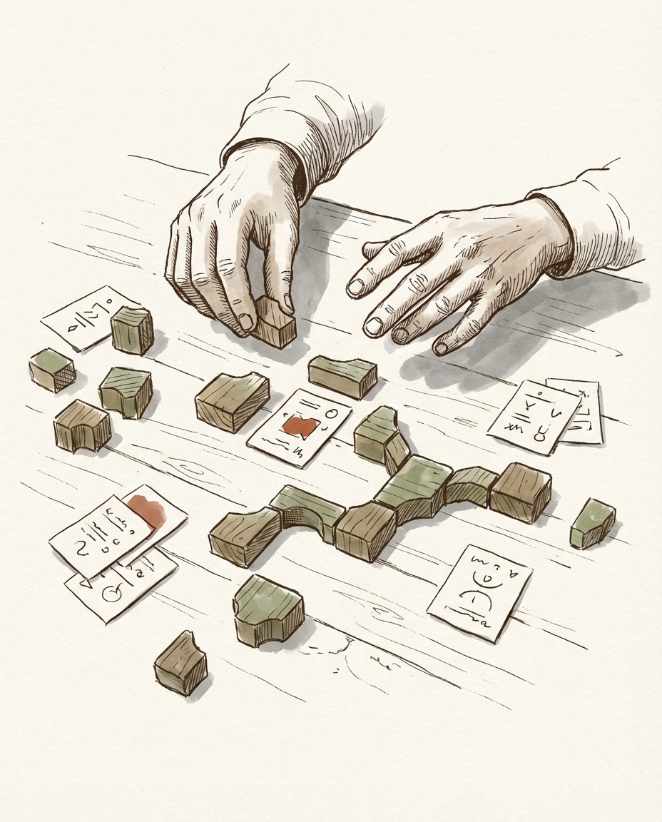Watercolor illustration of hands arranging wooden blocks